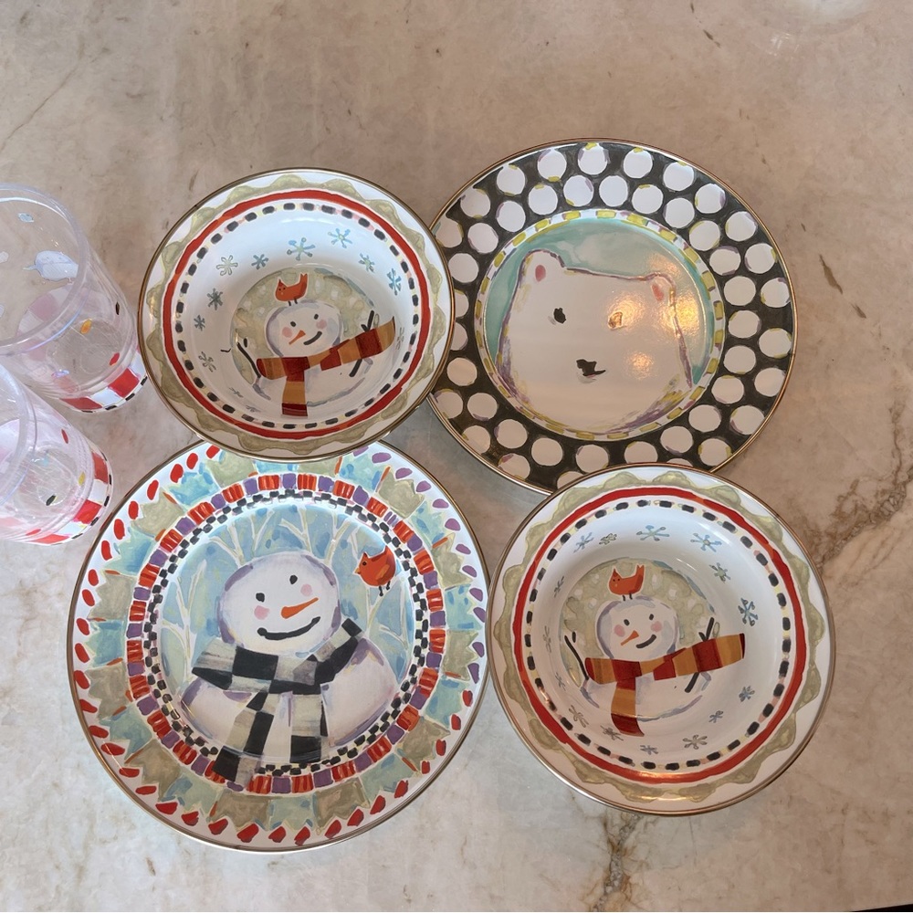 MacKenzie-Childs enamel plates and bowls. Never used. Matching plastic cups.